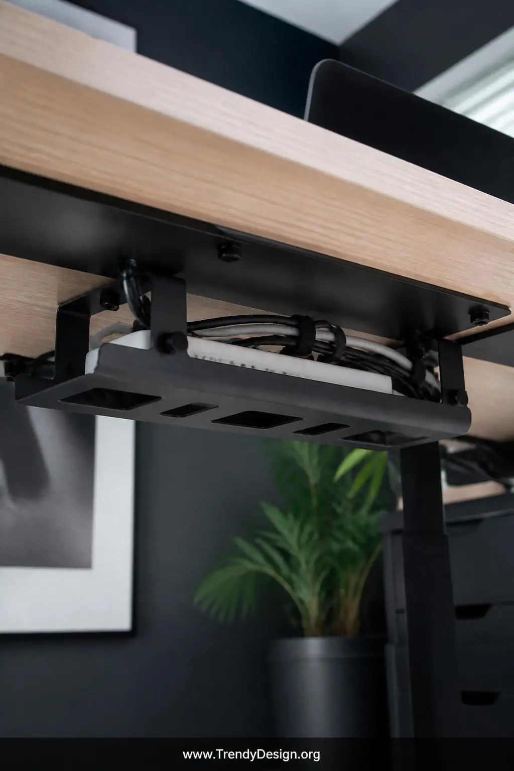 Under-desk cable management tray in matte black holding a white power strip and bundled velcro-wrapped cables mounted cleanly to the underside of a light birch desk, home office, industrial minimalist, cool ambient light revealing the completely hidden cable system, closeup shot.
