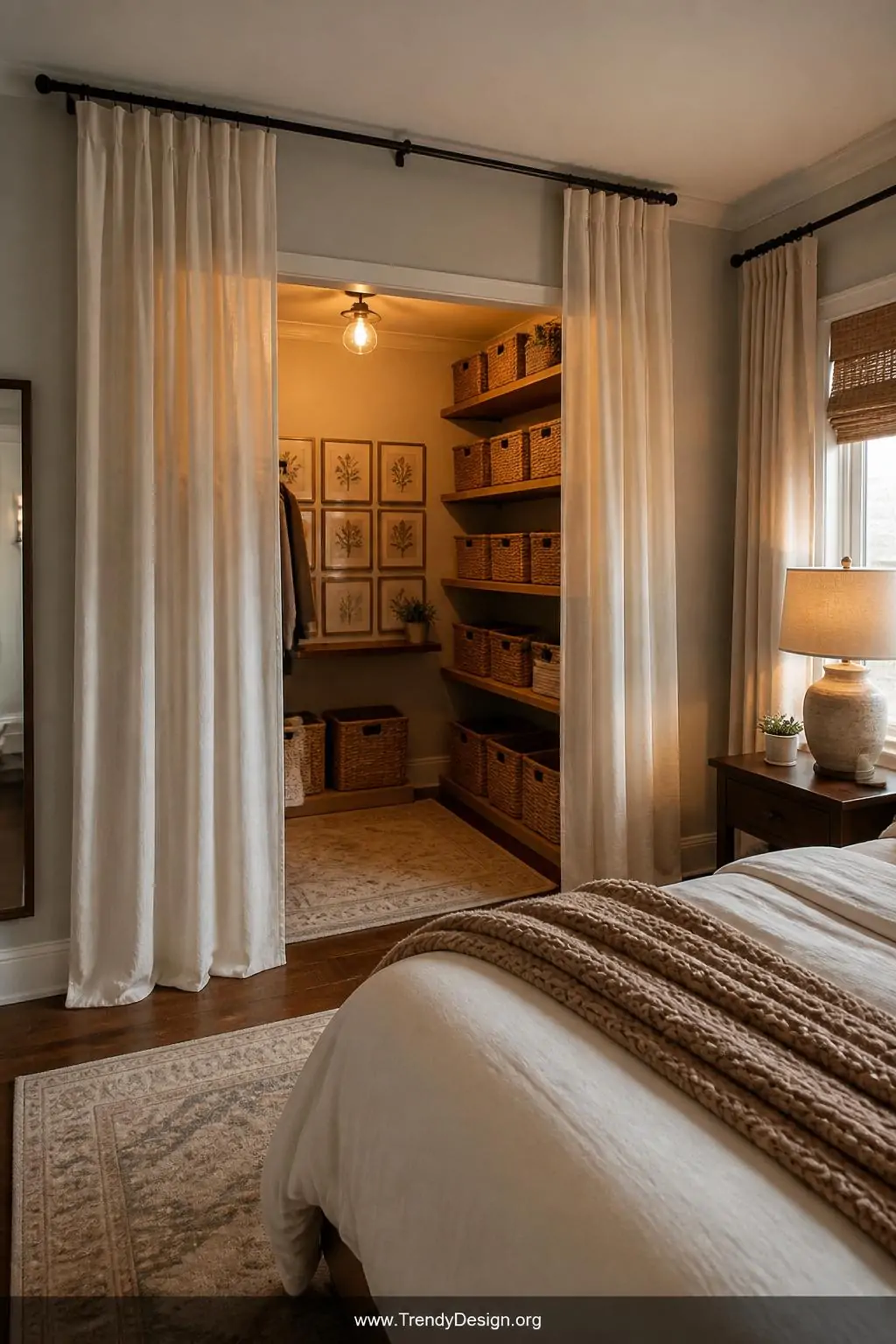 Open-concept reach-in cloffice with bifold doors removed, sheer ivory linen curtain panel hanging from a matte black curtain rod above the opening, tiered wooden shelves inside holding matching woven baskets, a small gallery wall of framed botanical prints on the back wall, warm Edison-style overhead bulb casting golden light, wide shot pulling back to show the surrounding bedroom, photorealistic interior design.