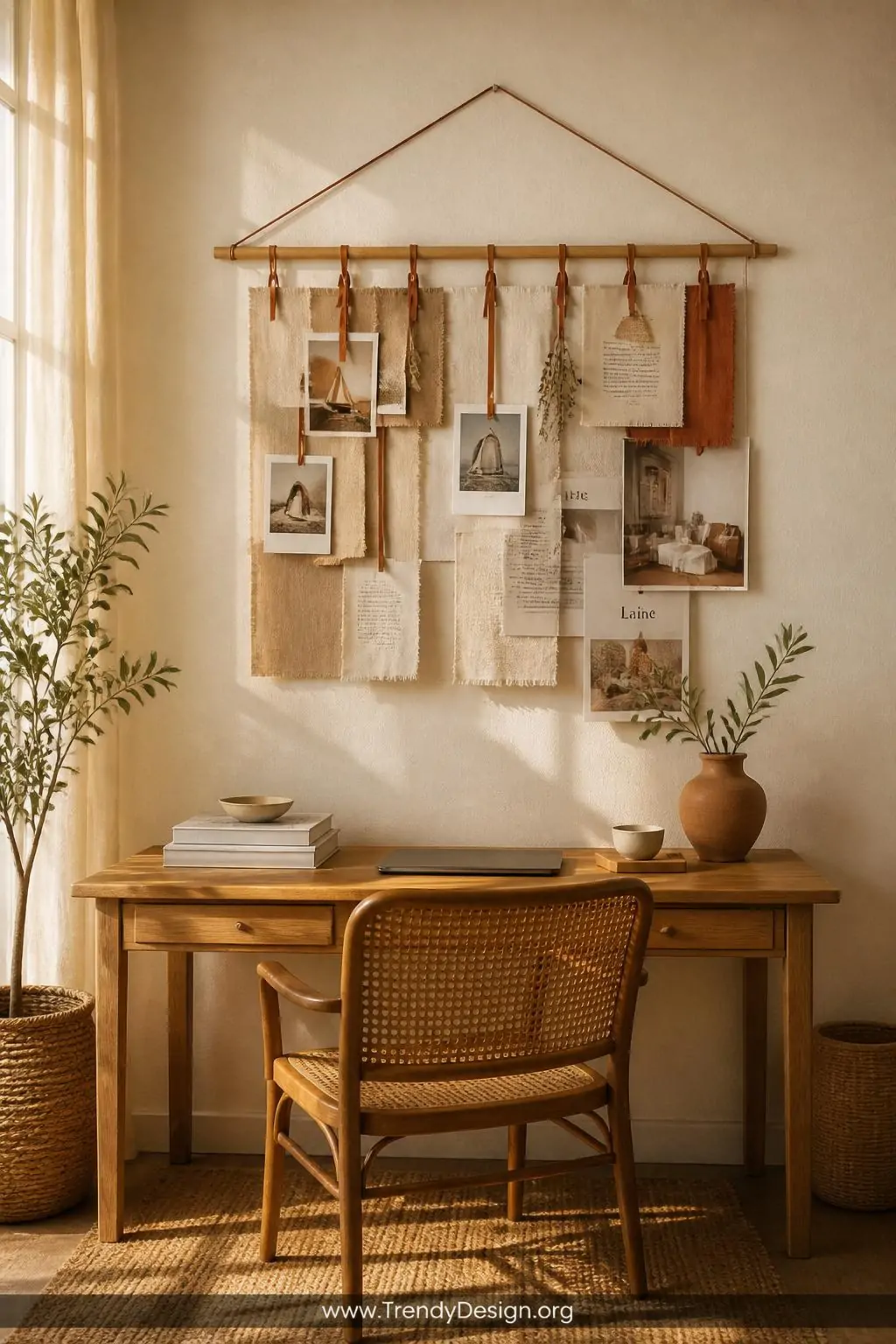 Hanging fabric mood board suspended from a natural wooden dowel rod displaying layered linen swatches, Polaroid photos, magazine clippings, and terracotta ribbon ties against a warm cream wall above a rattan desk chair, golden afternoon light falling softly across the textured surface, wide shot showing full workspace context, photorealistic interior design.