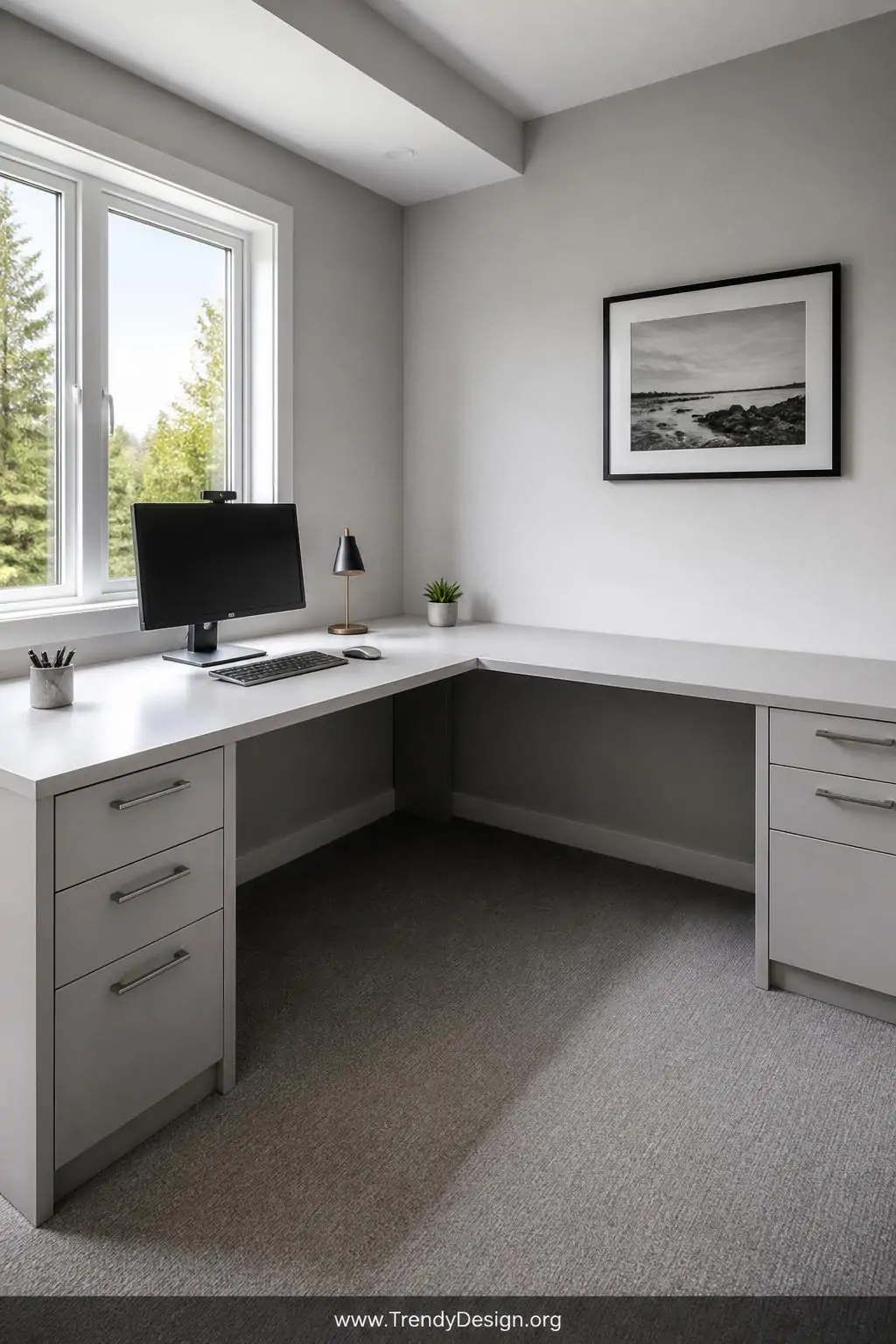 Light grey L-shaped corner desk with a monitor and small lamp on one arm and completely empty breathing space on the second arm, a single small succulent in one corner, one neutral-toned pen cup, natural daylight, wide shot, photorealistic interior design.