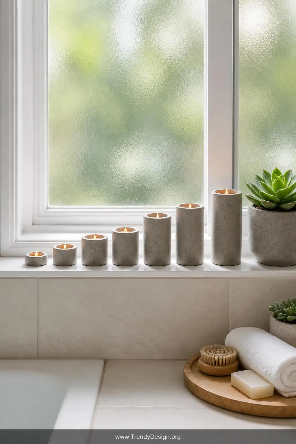 A wide shot of a sun-drenched white bathroom windowsill lined with seven miniature concrete tea light holders in graduating h