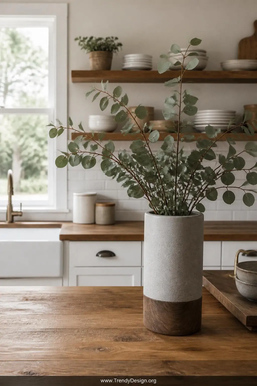 Concrete vase with warm walnut wooden base holding eucalyptus stems on a Scandinavian farmhouse kitchen counter, raw concrete texture contrasting against honey-toned wood grain, soft diffused natural window light, medium shot, photorealistic interior design, no people.