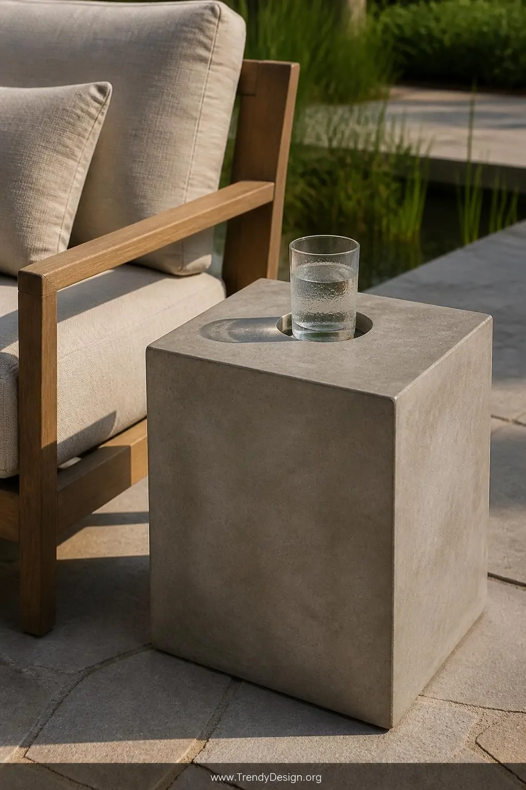 Small square concrete cube side table beside a linen outdoor lounge chair, pale gray smooth finish with a circular inset on top holding a sweating glass, soft warm afternoon light, paste wax sheen visible, medium closeup shot, photorealistic patio scene.