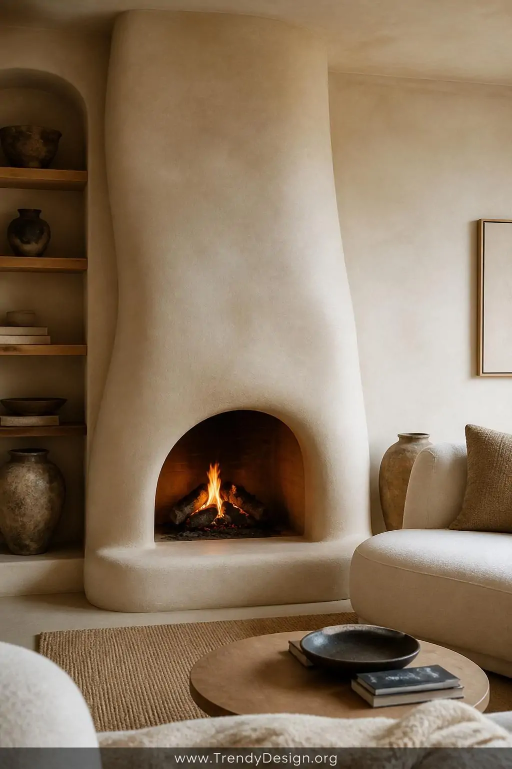 Micro-cement sculptural fireplace with soft curved edges and a single arched firebox opening in an organic modern living room, warm sandy toned seamless surface beside a rounded cream sofa, diffused warm light enhancing the handcrafted silhouette, medium shot.