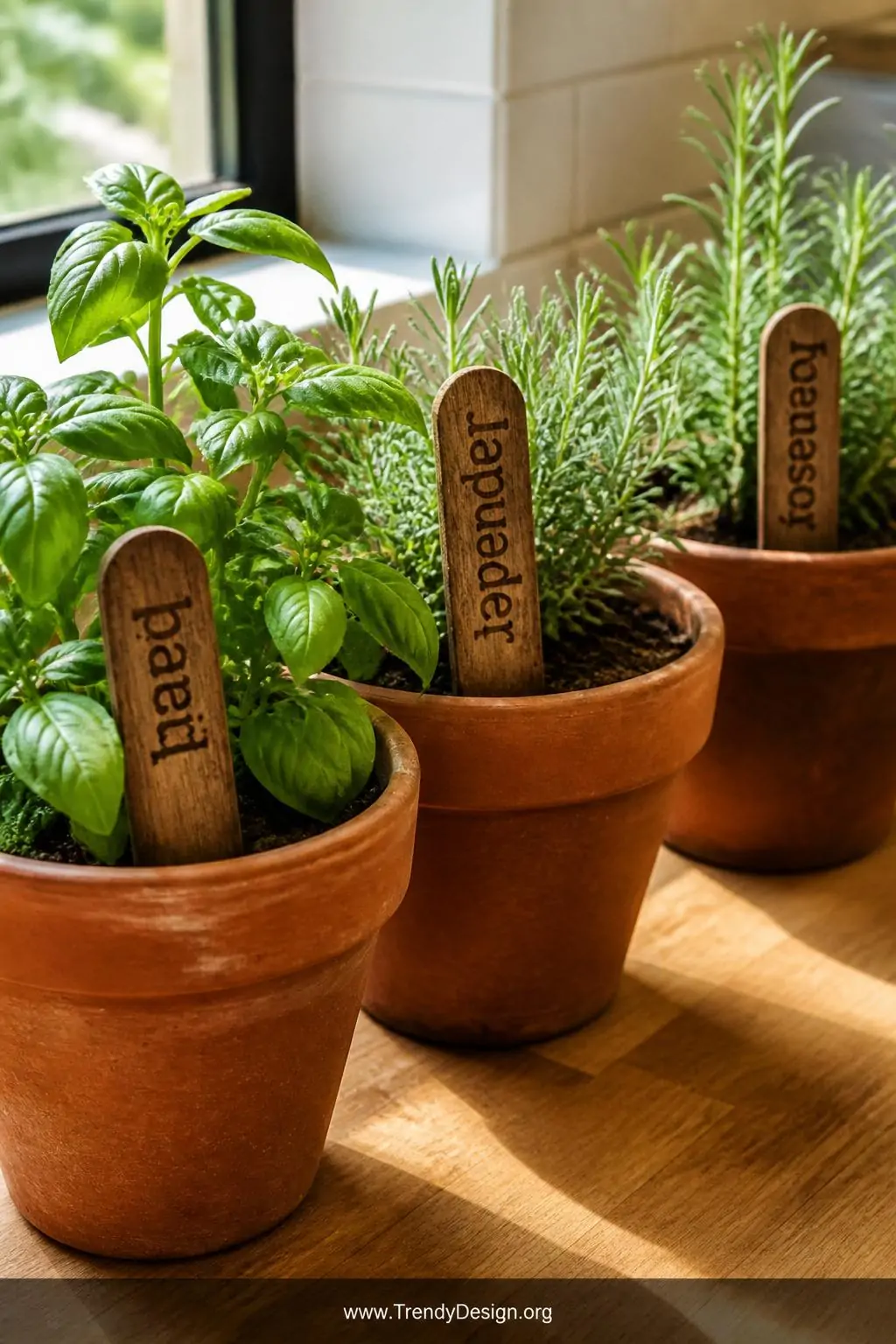 Tiny burned-wood herb marker stakes labeled lavender, basil, and rosemary tucked into terracotta pots on a sunlit butcher block kitchen countertop, fresh green herbs surrounding the weathered wooden stakes, bright natural daylight, extreme closeup capturing the handburned lettering texture.