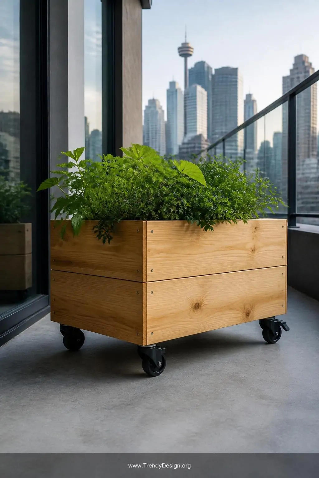 Rolling wooden planter box on matte black locking swivel casters positioned on a modern apartment balcony with concrete floors, smooth pine construction holding vibrant green leafy plants, medium shot showing the wheeled base detail and clean box construction against a city skyline backdrop, cool late afternoon light, photorealistic interior design.