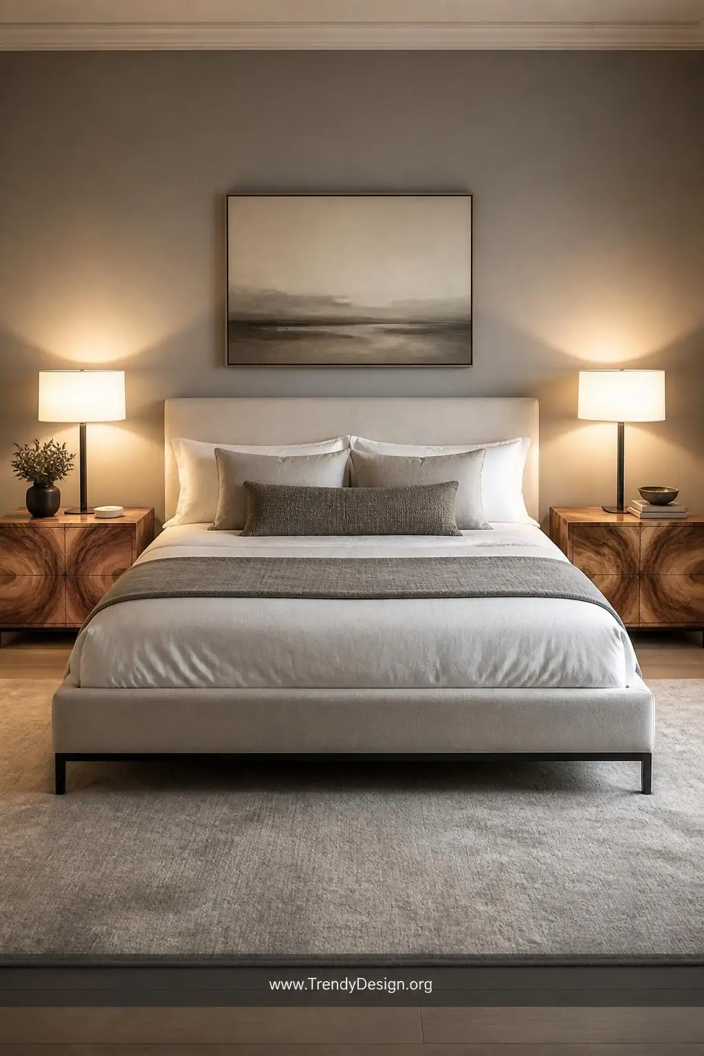 Bookmatched wood slab nightstand set with mirror-image grain patterns flanking a linen upholstered bed on simple steel tube legs, luxury bedroom, wide shot, soft warm bedside lamp glow illuminating the symmetrical natural wood figuring against neutral gray and white bedding, photorealistic interior design, no people