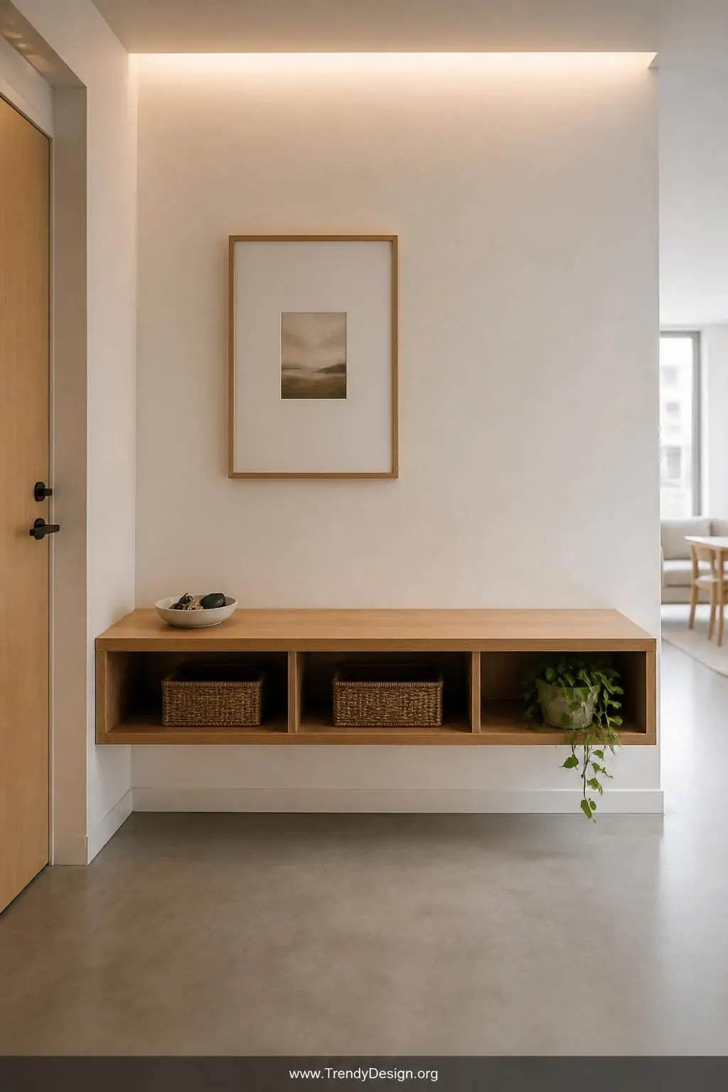 Wall-mounted floating white oak bench with open lower shelves holding woven baskets and a trailing pothos plant in a minimalist apartment entryway, modern Scandinavian style — natural wood grain suspended above a clean concrete floor, soft diffused light from a hidden ceiling fixture illuminating a small ceramic bowl holding keys and sunglasses, wide shot.