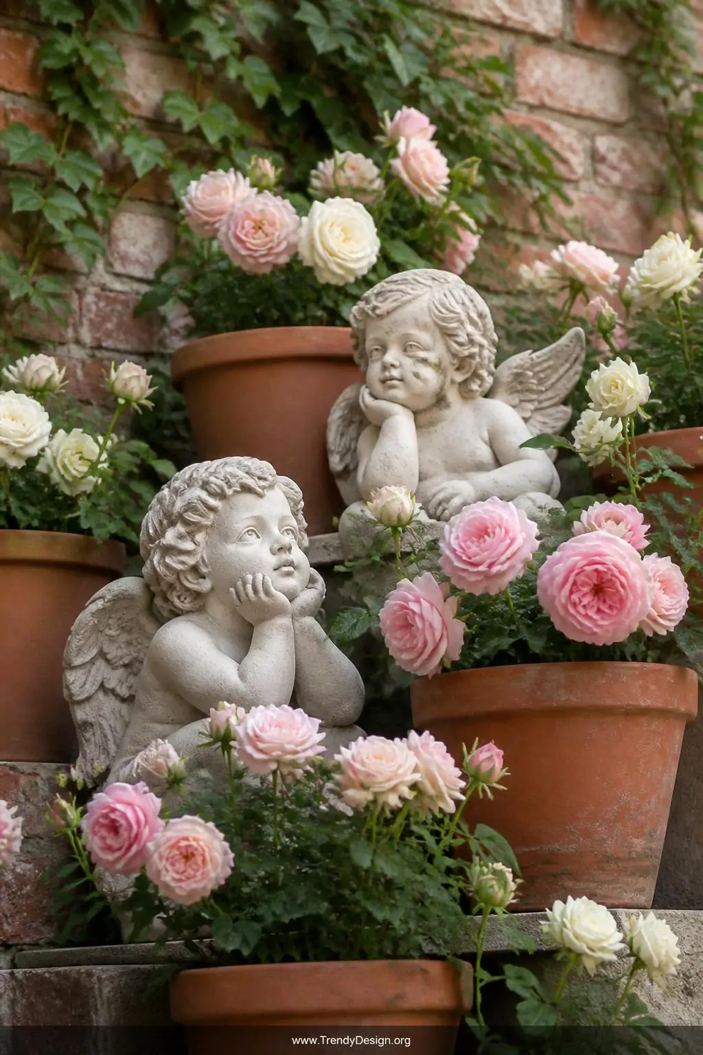 A pair of small concrete cherub figures nestle among terracotta flower pots overflowing with pale pink and cream roses on a t