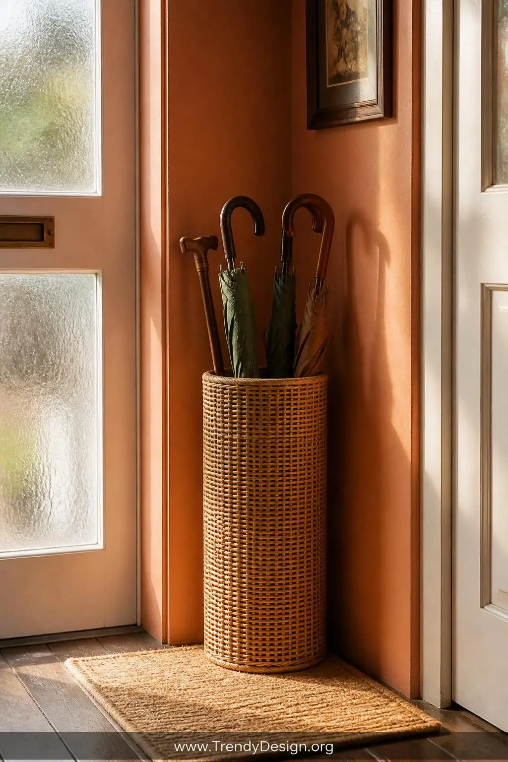 Tall cylindrical rattan umbrella stand positioned in the corner of a narrow entryway with warm terracotta walls, holding two closed umbrellas and a wooden-handled walking cane, water droplets visible on the umbrella fabric, a small jute mat underneath catching drips, late afternoon light streaming through frosted glass, medium shot, photorealistic interior design.