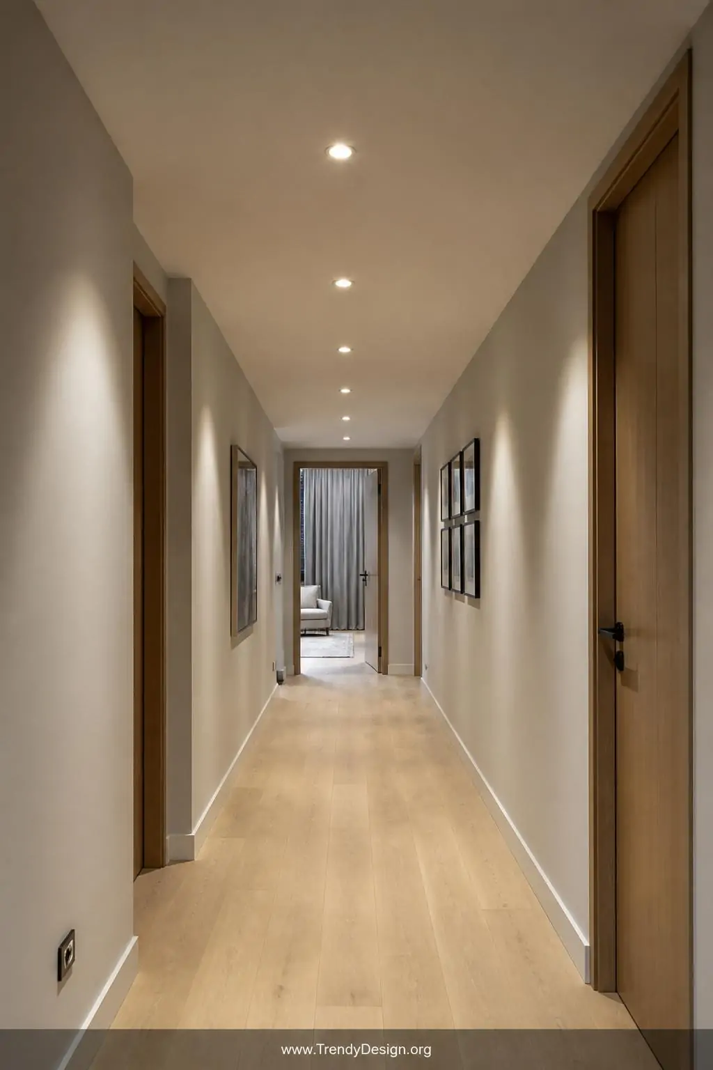 Row of slim LED recessed downlights installed in a straight line across a low hallway ceiling, casting evenly spaced warm pools of light onto light gray walls and pale oak flooring below, wide shot, photorealistic interior design.