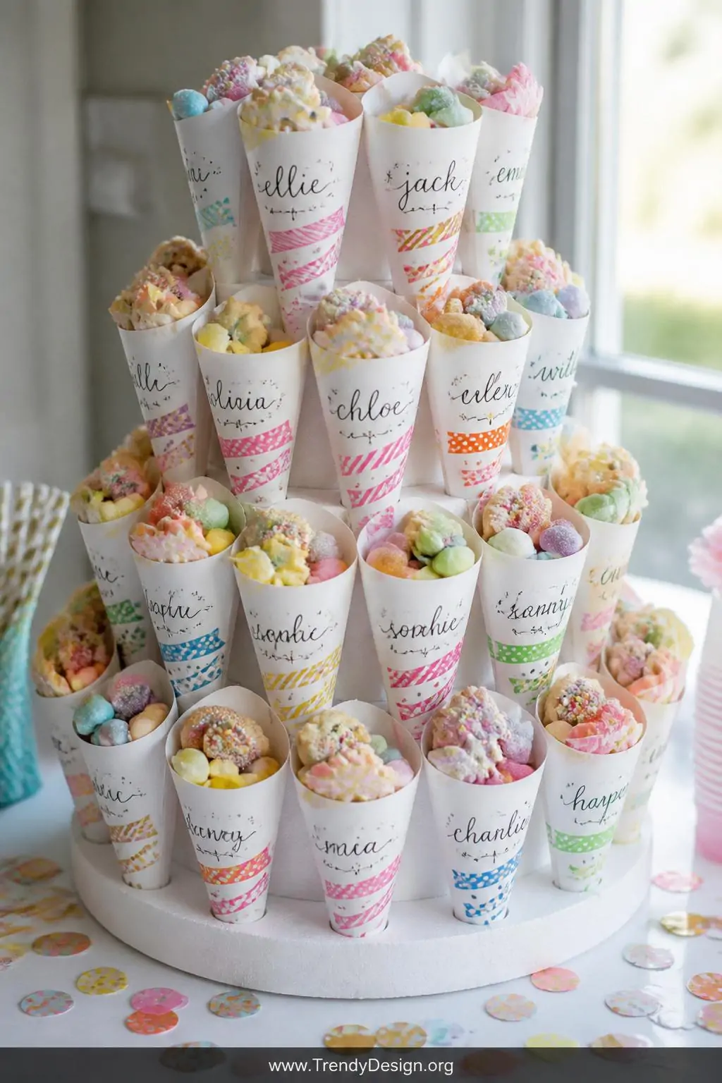 Tiered paper cone treat tower filled with pastel candies and small cookies, cones decorated with washi tape stripes and hand-lettered names arranged in a foam base on a white party table, bright natural light, closeup shot highlighting decorative stamped details and colorful confetti textures.