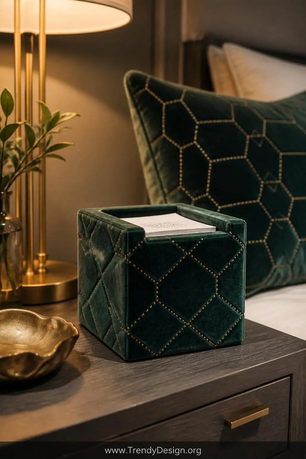 Velvet-covered deep emerald green decorative note box with geometric patterned fabric texture and coordinating throw pillow behind it on a styled bedroom nightstand, warm golden side lamp light, closeup shot highlighting the luxurious fabric surface and clean box edges.