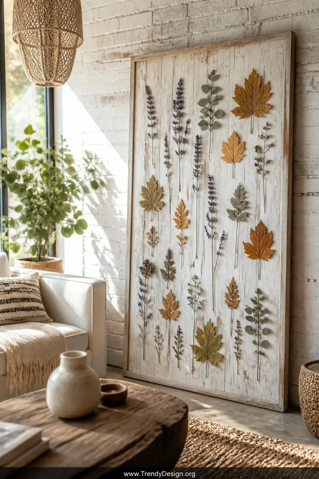 Dried lavender sprigs, pressed amber autumn leaves, and tiny eucalyptus stems arranged and pinned onto a weathered whitewashed wood board leaning against a whitewashed brick wall, soft warm afternoon sunlight illuminating the delicate veining of the leaves and the dusty purple florals, wide shot of a bright bohemian living room corner.