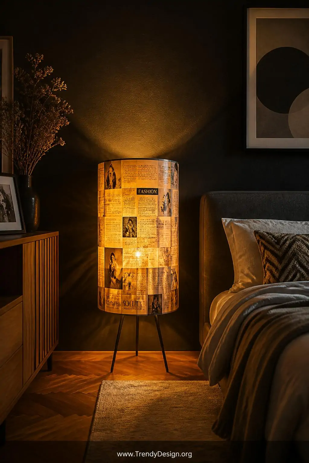 Magazine page covered lampshade glowing warmly from within, warm amber light filtering through layered translucent paper pages in a coordinated warm-toned palette, moody bedroom corner with dark walls, the lamp casting patterned golden light pools across surrounding furniture, wide shot.