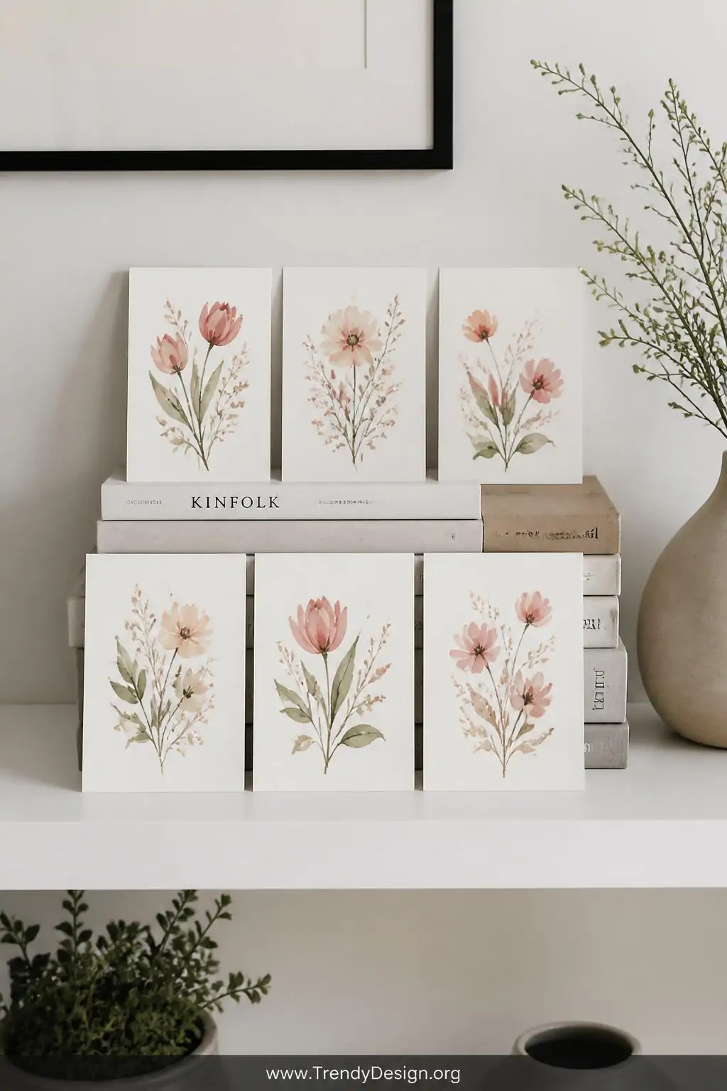 Set of six small minimalist floral gouache cards propped and leaning against books on a white floating shelf, loose tulip and wildflower bouquets in blush, sage, and dusty rose with generous white space, soft diffused natural window light, medium shot capturing the styled shelfie arrangement.