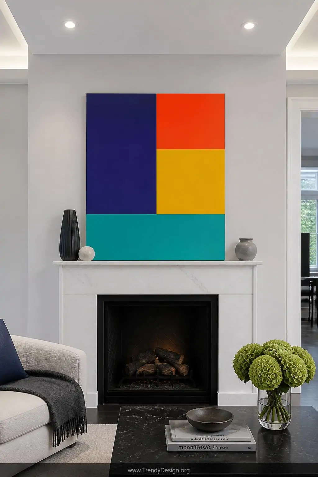 Bold geometric color block canvas in four coordinating vivid hues with razor-crisp taped edges propped on a marble fireplace mantel in a contemporary living room, wide shot, recessed ceiling lighting casting clean even illumination across the flat graphic shapes, photorealistic interior design, no people.