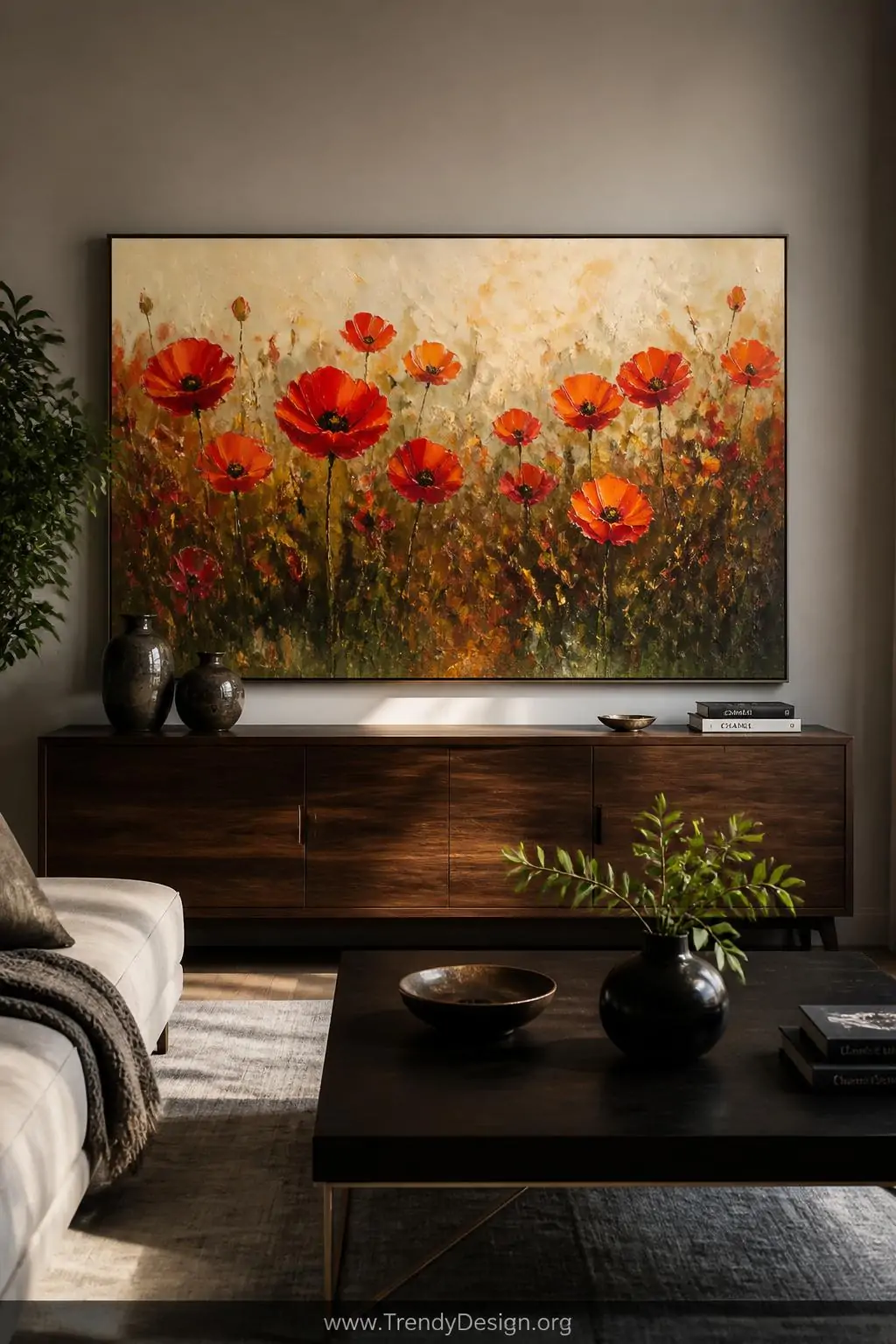 Abstract poppy field painting in bold crimson, burnt orange, and mossy green hanging as a focal point above a dark walnut credenza in a modern living room, gestural palette knife strokes creating layered textural depth across a wide horizontal canvas, dramatic side lighting, wide shot.