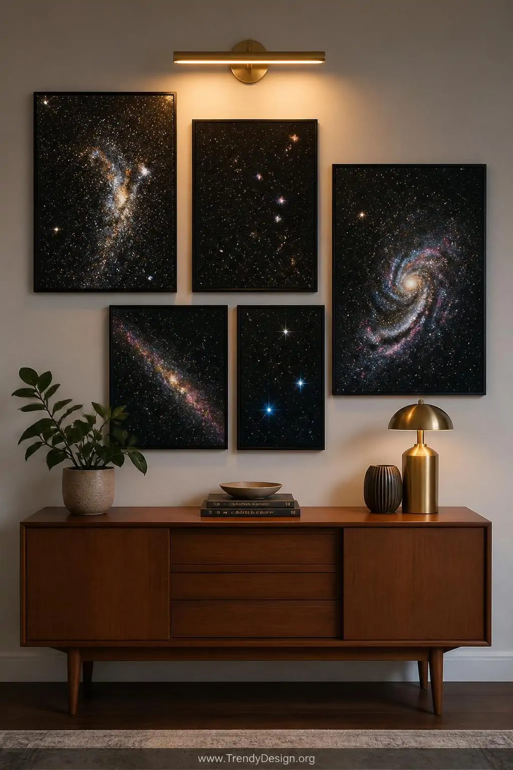 Cluster of five black paper gouache galaxy panels in thin black frames arranged as a gallery wall above a mid-century wooden console table, vivid white and neon star clusters glowing against matte black cardstock under a warm brass sconce, medium shot.