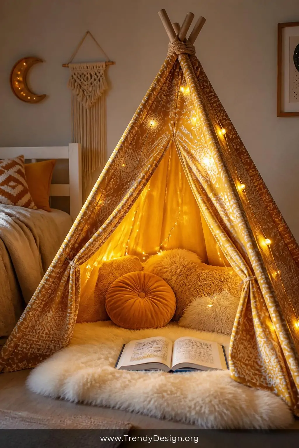 Mustard yellow boho-printed fabric teepee layered with velvet cushions, faux fur rug, and soft string lights glowing inside, cozy reading nook in a Montessori child's bedroom, warm intimate closeup, plush textures and golden ambient light creating magical enclosure