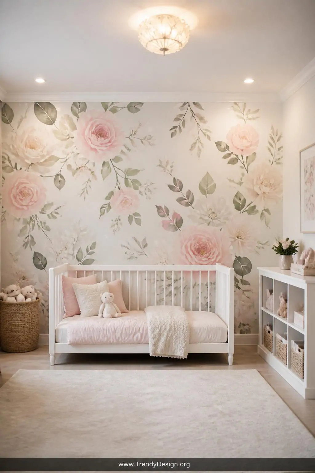 Soft watercolor woodland floral peel-and-stick wallpaper accent wall behind a white toddler bed in a girl's bedroom, wide shot showing the full wall with muted blush roses, sage leaves, and cream background glowing under warm overhead lighting, dreamy and airy children's room style, photorealistic interior design.