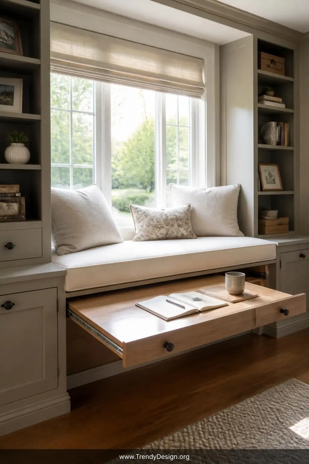Pull-out wooden desk drawer sliding from beneath a cushioned white window seat with linen upholstery, reading and study nook beside a large sun-filled window, transitional style, soft natural daylight streaming across the work surface, wide shot revealing the full dual-purpose built-in design, photorealistic interior design.