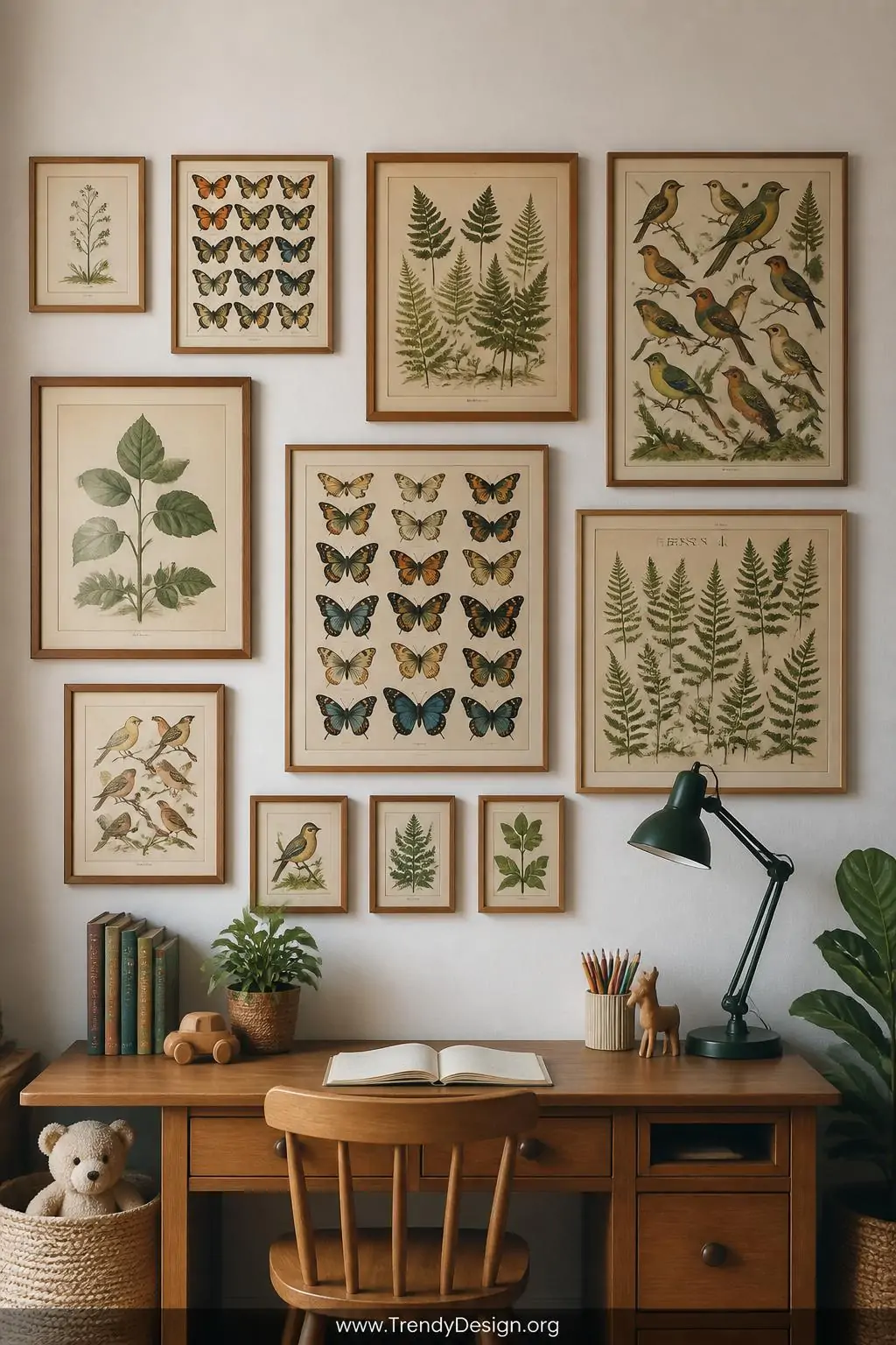 Gallery wall of mismatched natural wood-framed botanical prints including illustrated ferns, vintage butterfly charts, and colorful bird species posters arranged above a child's wooden desk, warm ambient side lighting, medium shot capturing the full eclectic collected arrangement against a soft white wall, photorealistic interior design.