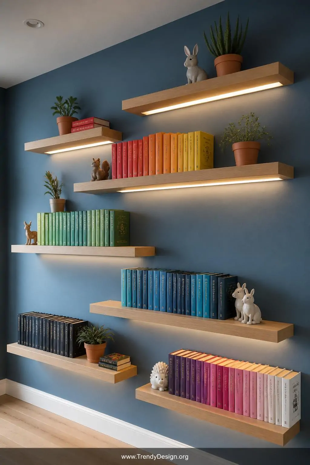 Gallery arrangement of staggered natural oak floating shelves across a dusty blue accent wall, styled with rainbow-spined books faced outward, terracotta succulent pots, small ceramic animal figurines, and warm LED strip lighting glowing underneath each shelf, medium wide shot, photorealistic interior design.