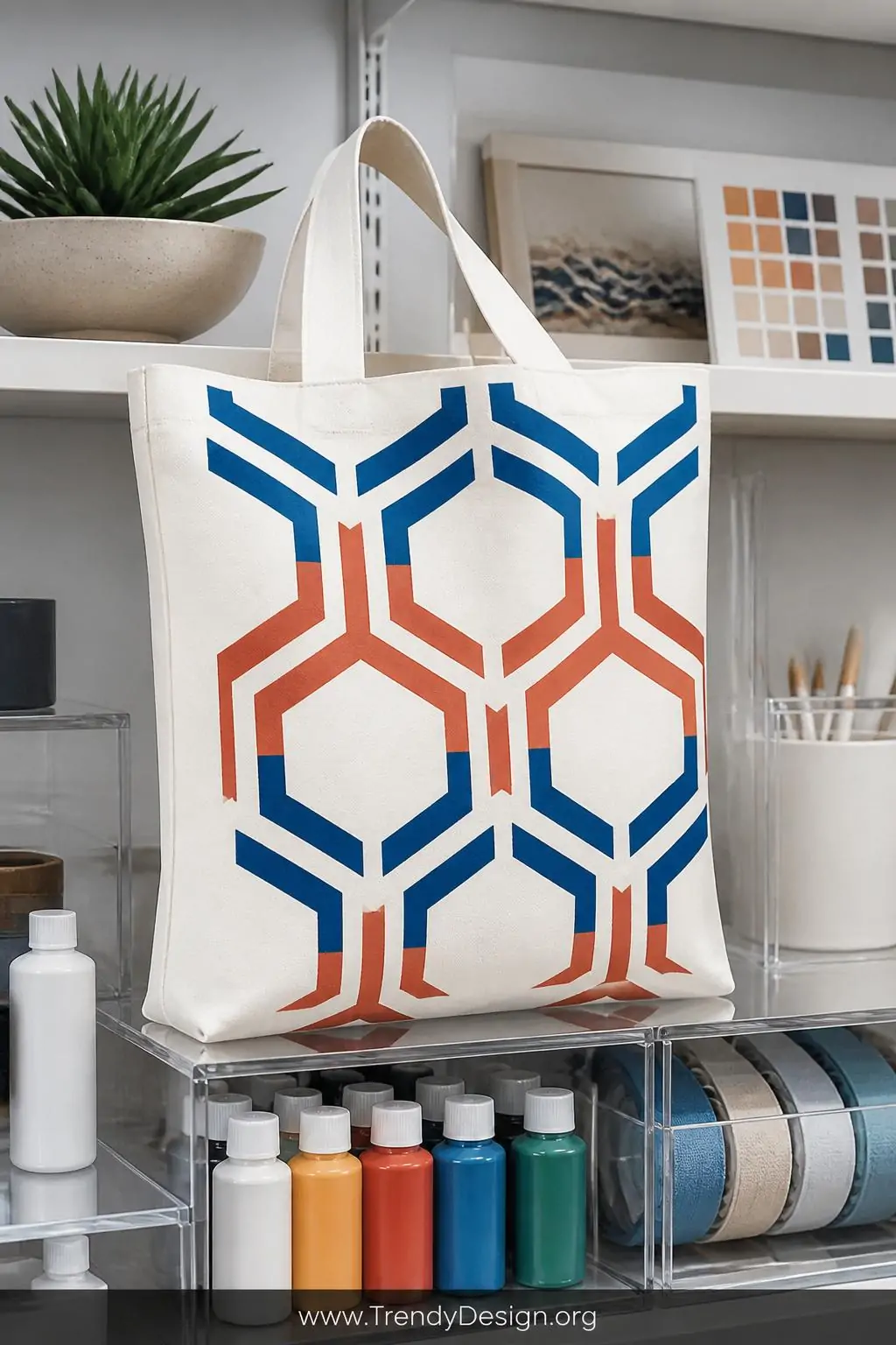 White canvas tote bag featuring bold cobalt and terracotta geometric hexagon stencil pattern propped upright on a modern acrylic craft shelf, bright overhead gallery lighting, medium shot highlighting crisp clean paint edges against the woven fabric texture.