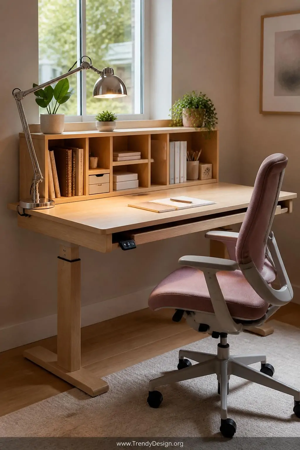 Medium photorealistic interior design shot of a generous light oak adjustable desk positioned beneath a window, a sleek ergon
