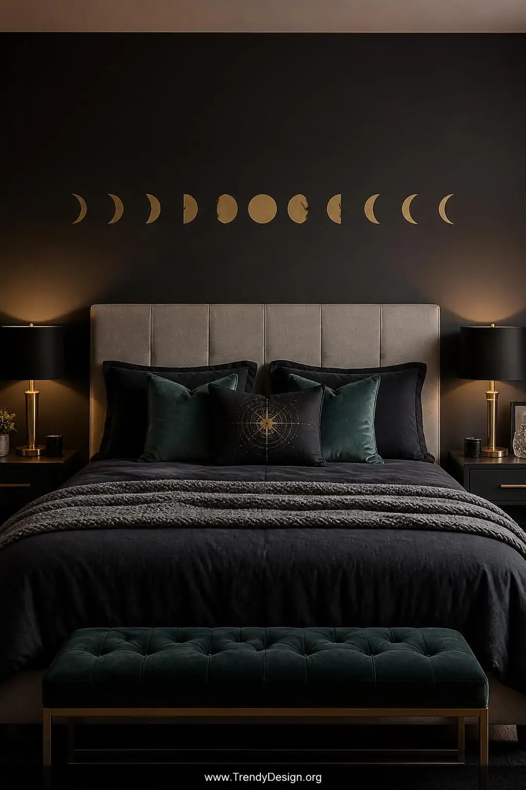 Gold foil crescent to full moon phase stickers arranged in a precise horizontal line above a linen upholstered headboard, moody warm bedside lamp glow, wide shot of a celestial-themed bedroom with charcoal walls and velvet cushions.