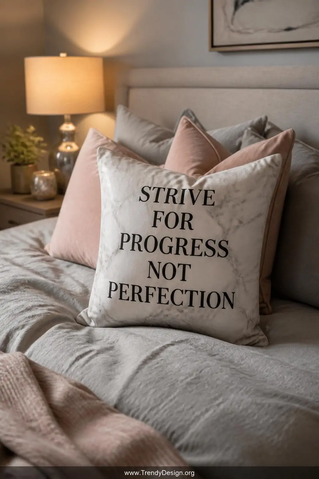 Inspirational quote pillow with bold serif typography over a soft marble white and grey background centered on a neatly made bedroom bed with dove grey linen duvet and blush throw pillows, closeup shot showing crisp high-contrast black lettering detail, soft warm bedside lamp glow casting gentle shadows across layered textures.