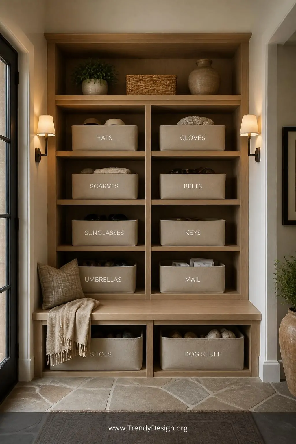 Canvas storage bins labeled with clean minimal white vinyl text arranged on open wooden shelving in an organized entryway, soft warm sconce lighting, wide shot revealing the polished intentional styling of the entire built-in shelf system.