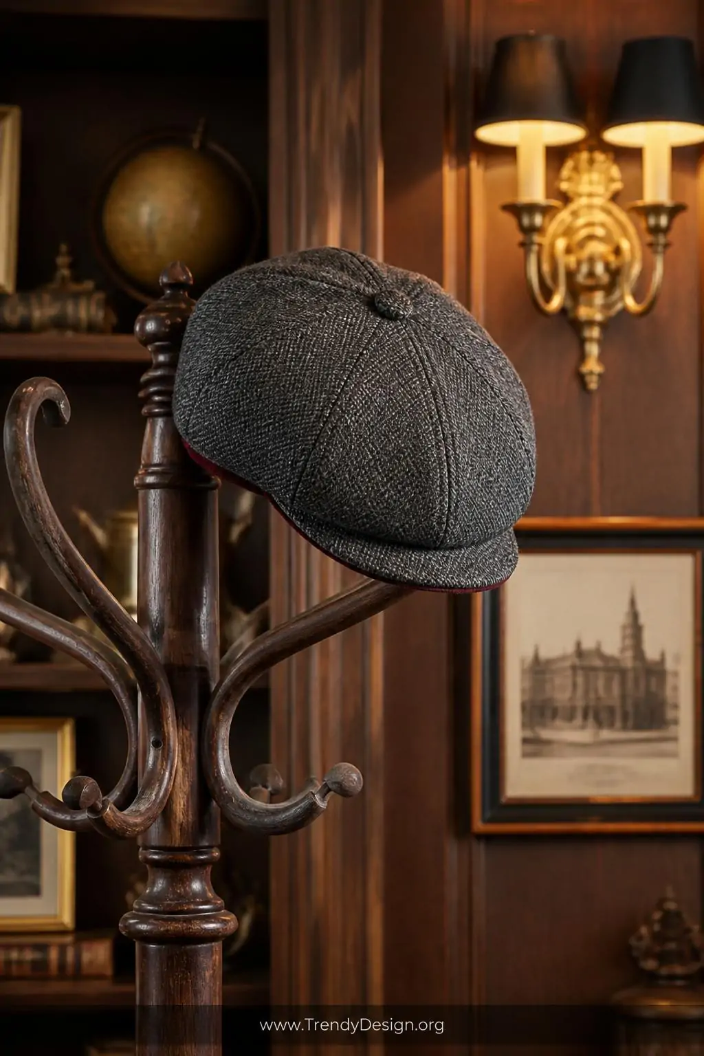 Structured wool tweed newsboy cap in charcoal gray with a contrasting burgundy lining peeking out, placed on an antique wooden hat rack in a vintage-styled study with dark oak shelving and brass sconce lighting, medium shot showing the stiff brim and crown button.