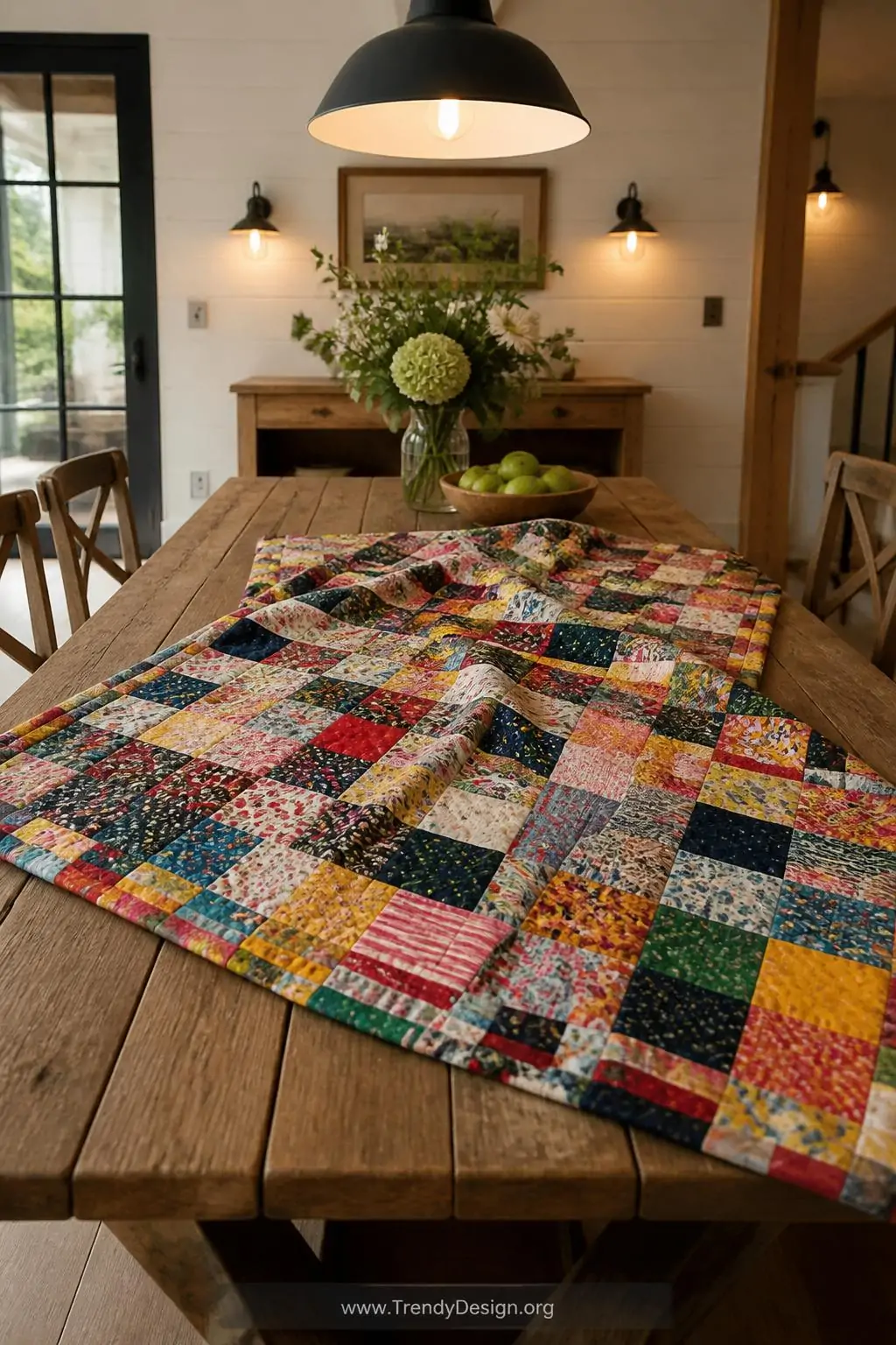Scrappy pieced binding in vibrant kaleidoscopic strips of mixed prints, solids, and bold cotton scraps stitched together along the edge of a colorful patchwork quilt spread across a reclaimed wood farmhouse dining table, warm overhead pendant light, wide shot capturing the lively chaotic personality of every mismatched fabric piece.