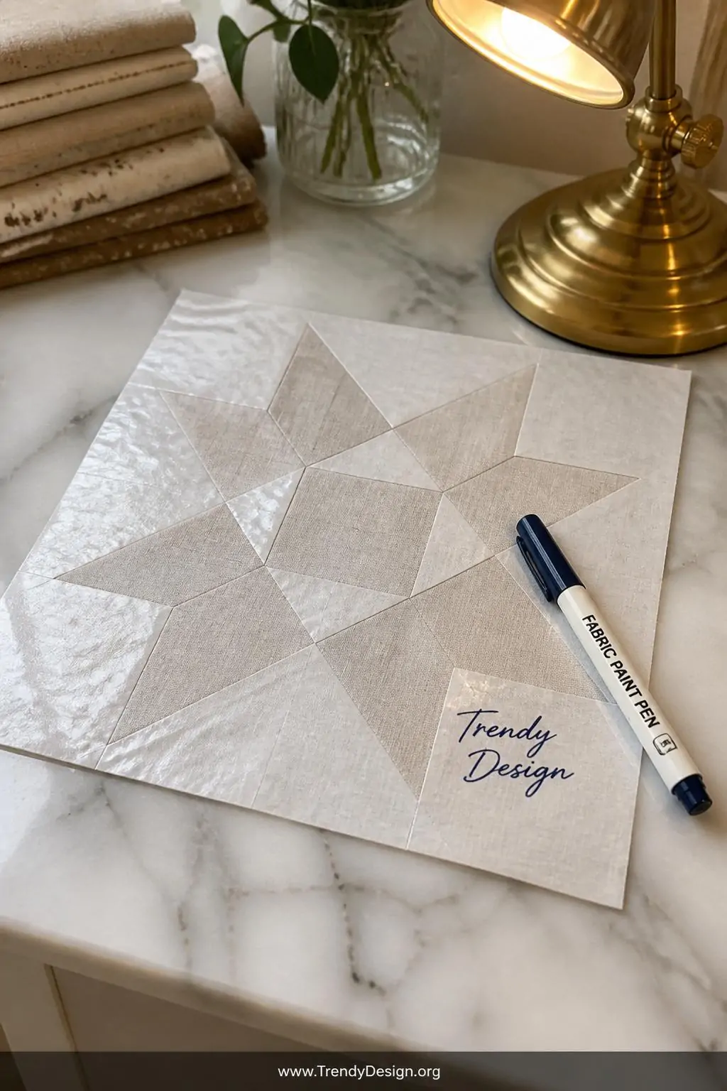 Single pale linen quilt block with shiny freezer paper ironed flat on a marble-topped craft table, a fabric paint pen resting diagonally across the stiffened surface beside a warm-toned brass desk lamp, closeup shot highlighting the crisp paper edge, clean signed script in deep navy ink, and the smooth stabilized texture of the adhered surface