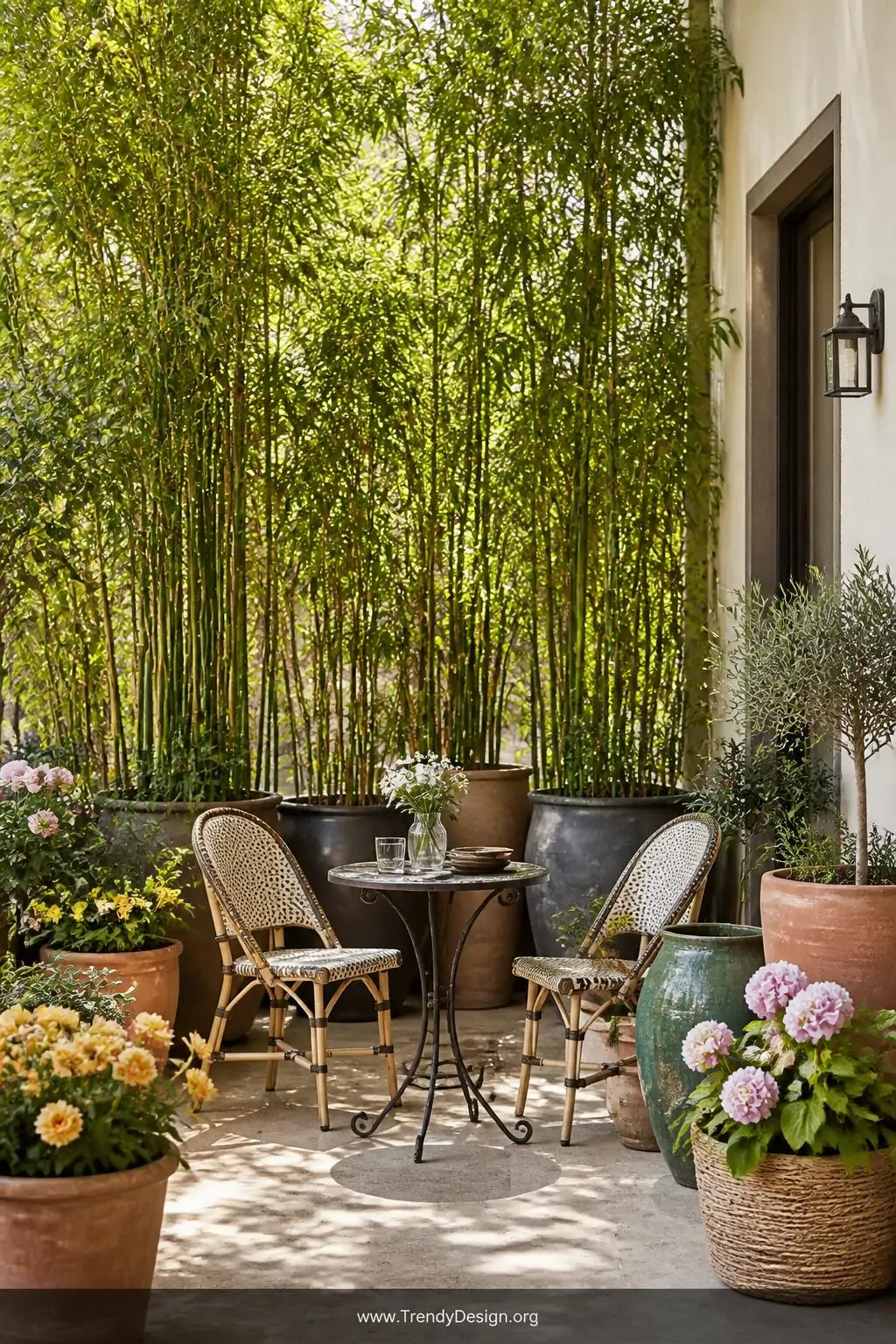 Small round iron bistro table and two lightweight rattan chairs encircled by clustered terracotta, glazed ceramic, and woven basket pots in varying heights, wide shot, effortless French café style — tall bamboo in a dark pot forming a soft green privacy screen, low flowering pots in blush and yellow softening the foreground edges, warm late afternoon light filtering through the foliage, photorealistic interior design.