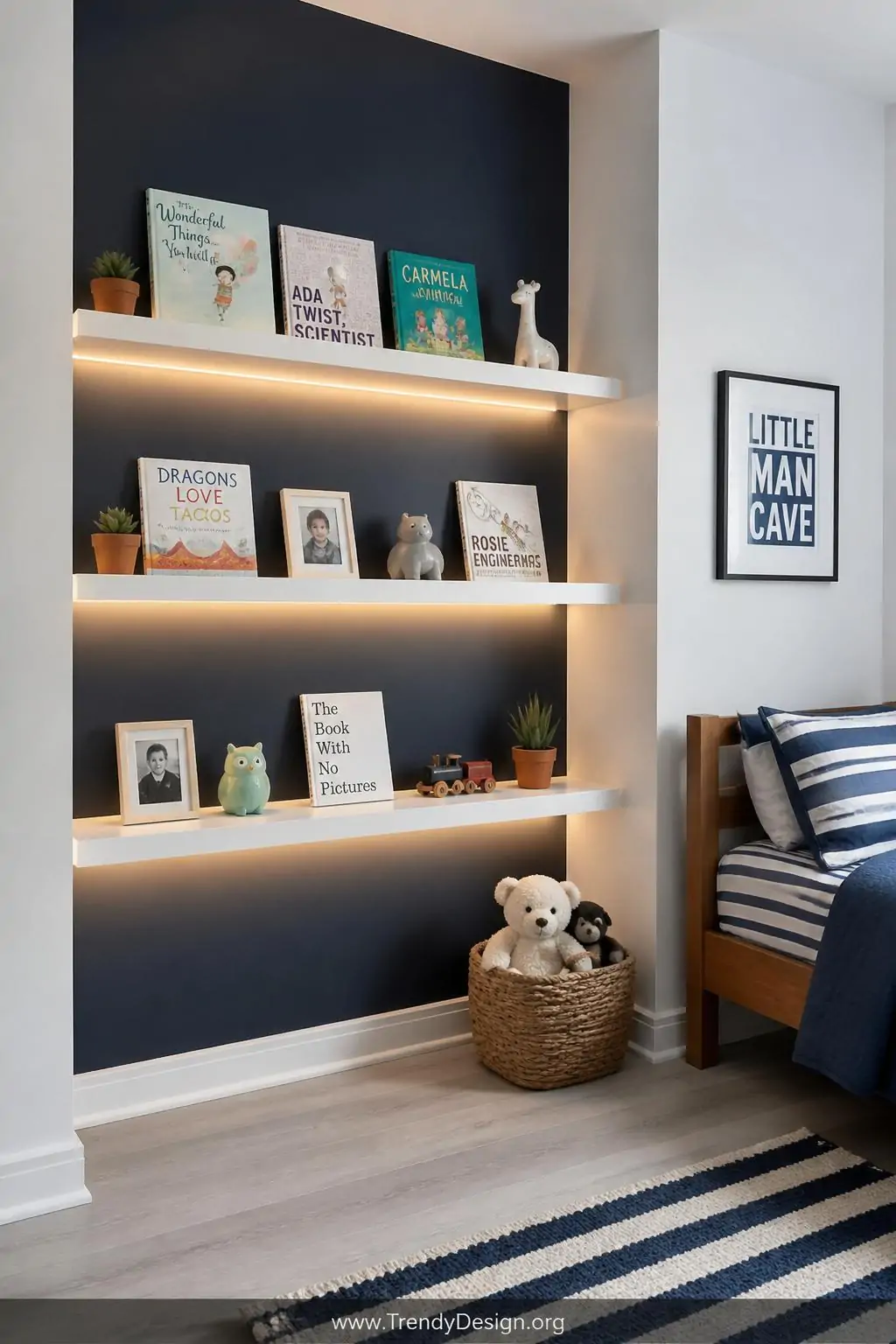 Wide-angle photorealistic interior shot of a kids' bedroom featuring three staggered white floating shelves mounted against a