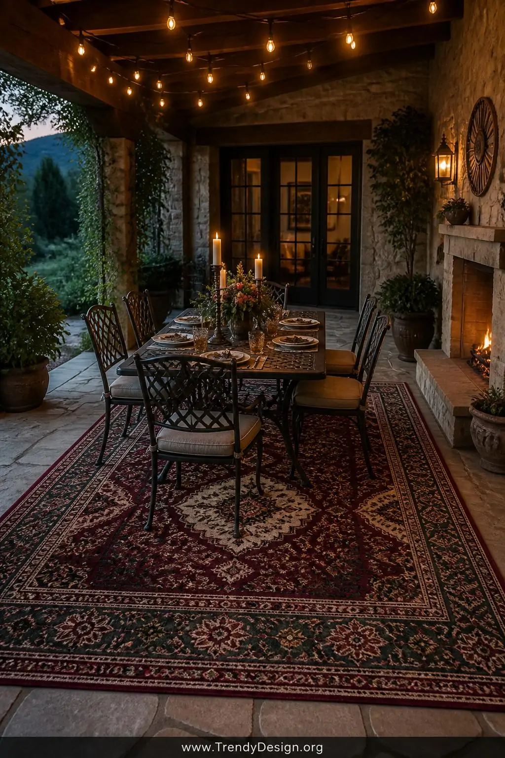 Vintage medallion outdoor rug in deep burgundy and forest green under a wrought iron dining table, medium shot, overhead string lights glowing warm amber, tapered candles on the table casting moody shadows across the ornate border pattern on a covered stone patio at dusk.
