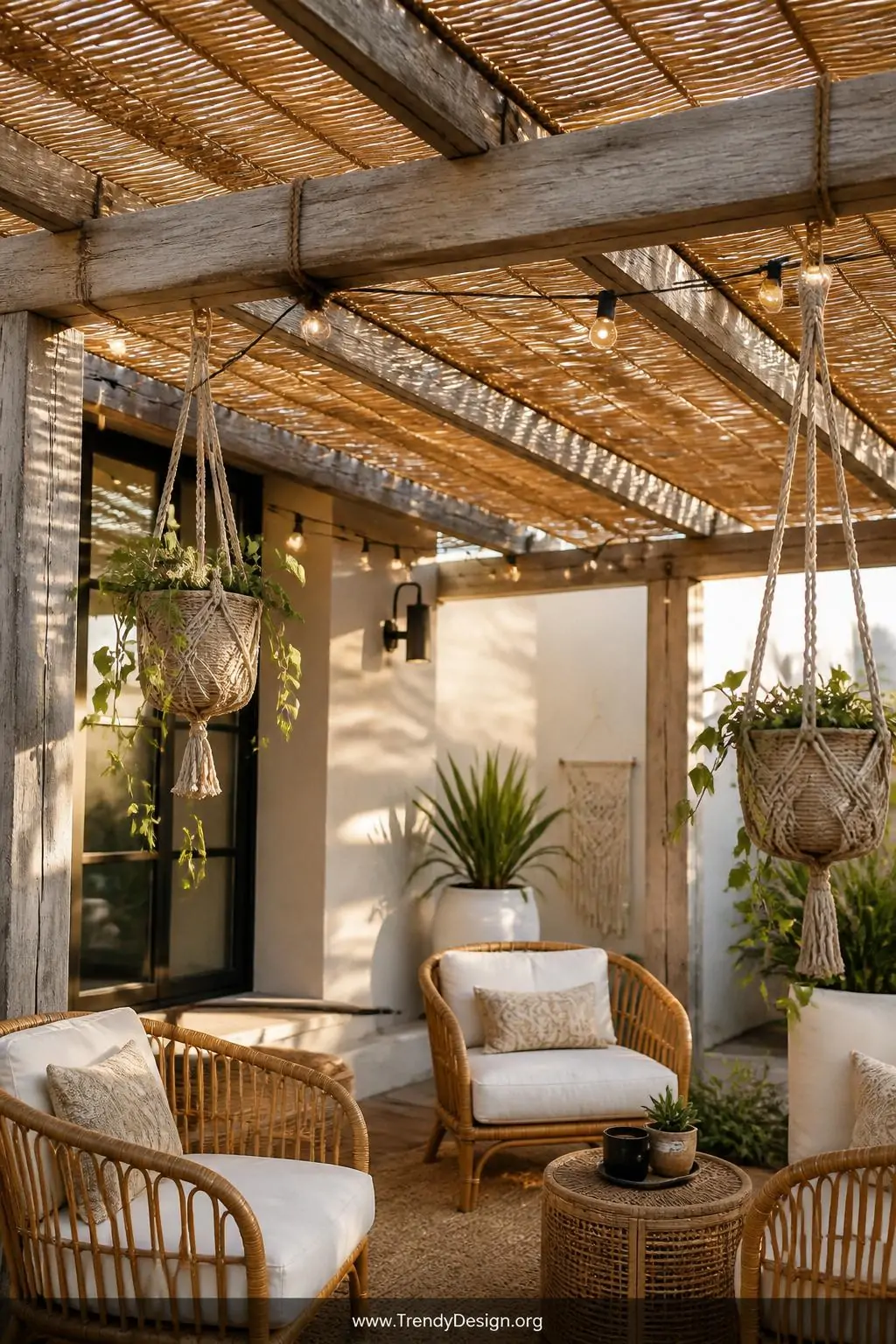 Rolled bamboo reed panels tied with natural rope across a weathered wood pergola frame casting warm golden filtered light over rattan lounge chairs with cream linen cushions and hanging macramé planters, medium shot with glowing string lights threading through the textured overhead canopy, photorealistic interior design.