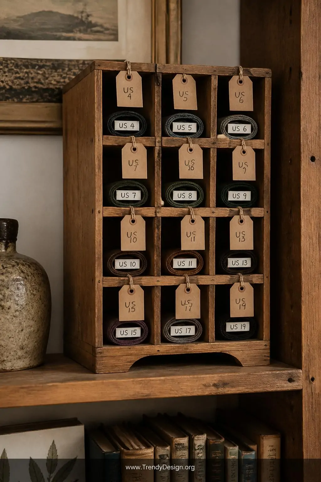 Small rustic wooden wine rack on a shelf holding labeled coiled circular knitting needle pouches in each slot, warm soft side lighting, kraft paper hang tags marking each slot, aged honey-toned wood grain texture, thrift-store aesthetic, medium shot