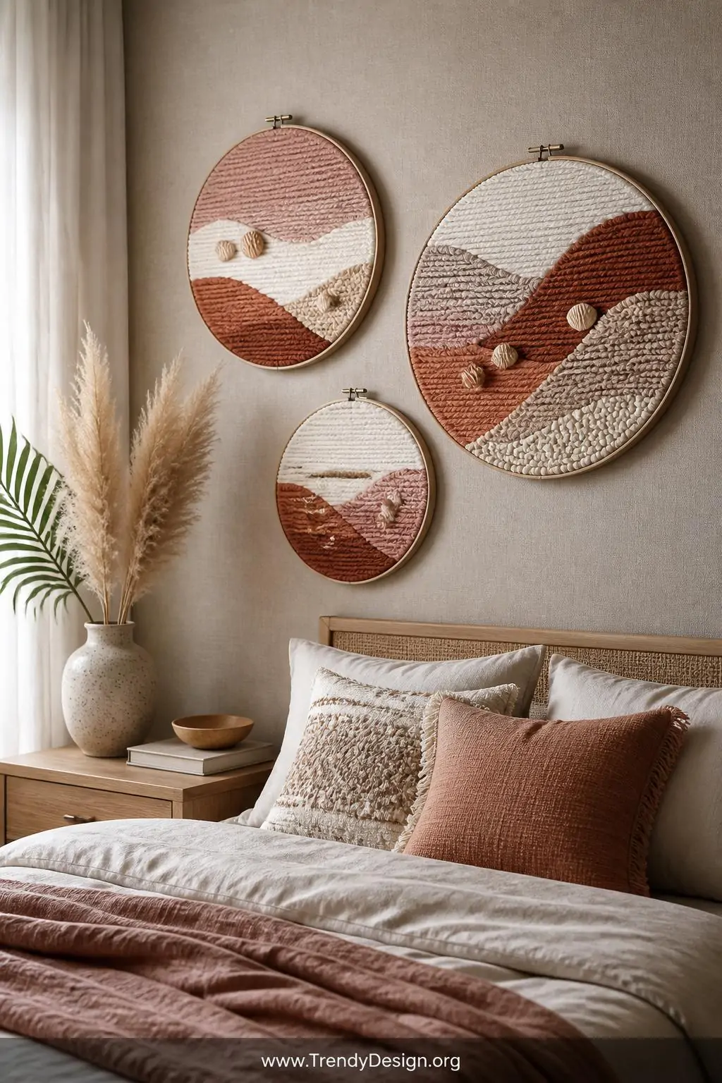 Three woven embroidery floss hoop artworks hung at staggered heights on a warm greige linen-textured wall, modern boho bedroom, abstract color fields in dusty rose, rust, and ivory with small shell accents woven into the fibers, soft diffused window light, medium shot.