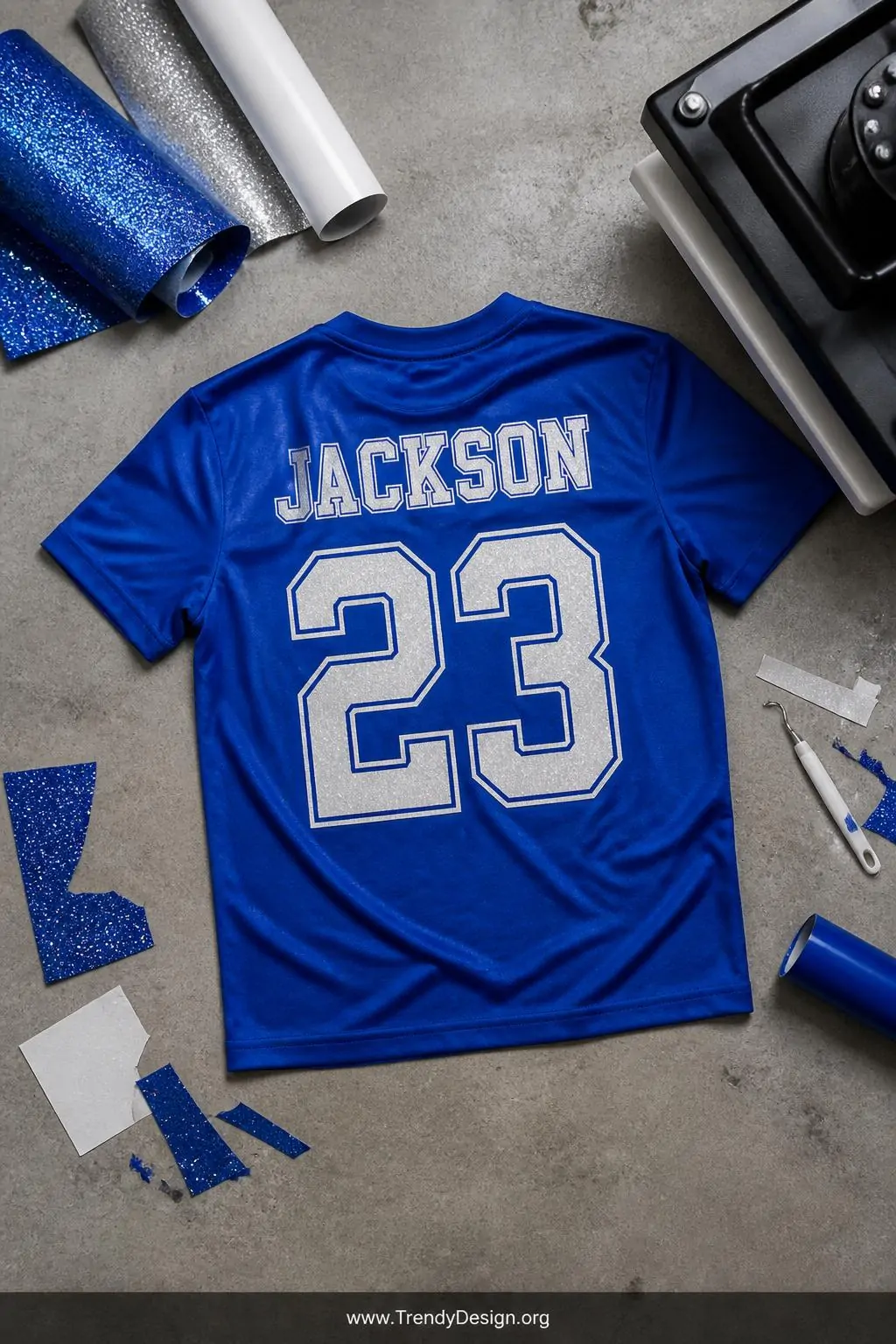 Flat lay of a royal blue athletic t-shirt with bold white jersey-style number and name in glitter HTV, surrounded by team-colored vinyl scraps and a heat press on a gray concrete craft table, cool studio lighting, wide overhead shot