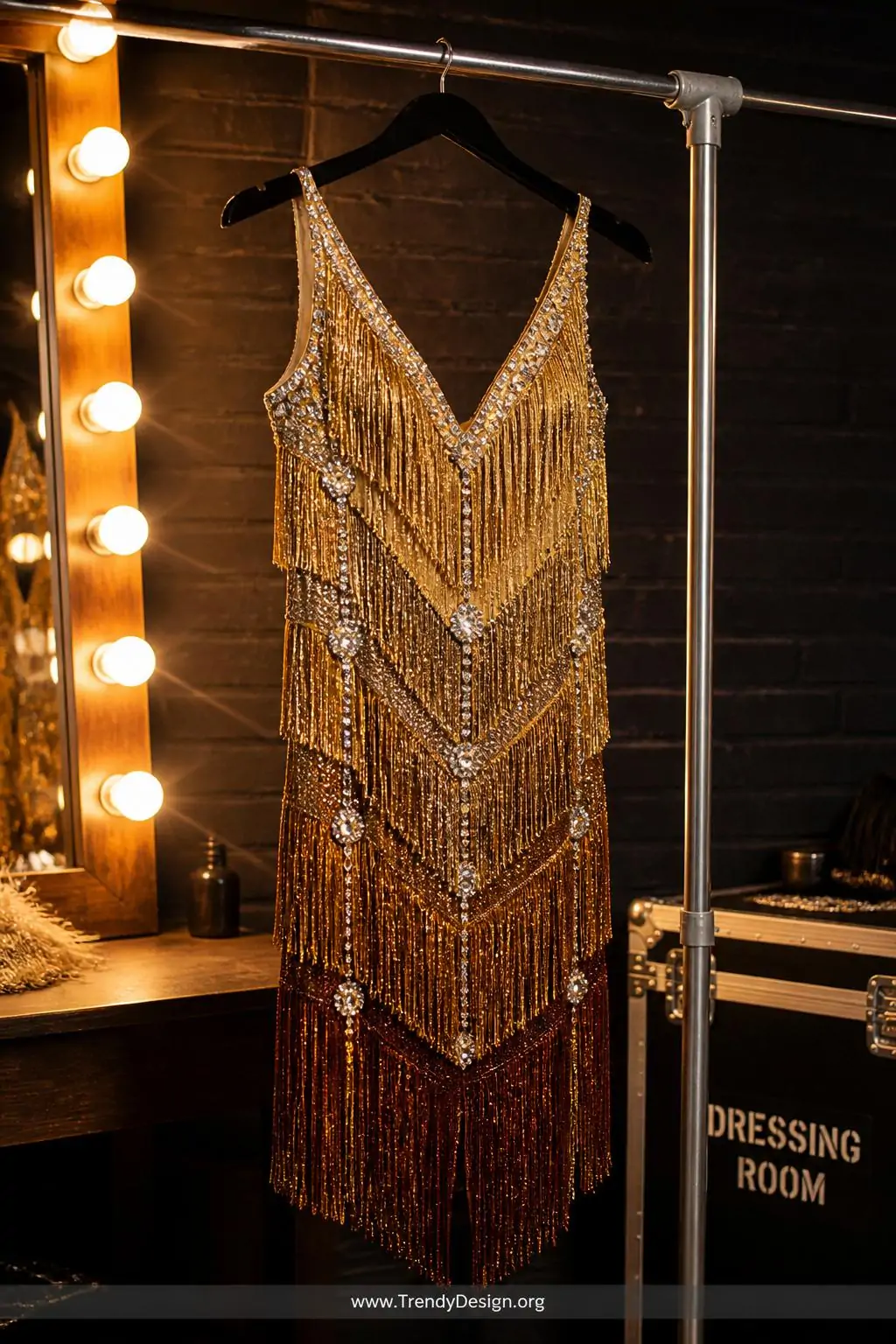 Rhinestone fringe dress with layered gold and bronze fringe hanging from a silver costume rack, theatrical backstage dressing area, medium shot with warm Edison bulb vanity lighting illuminating the burst of stones at each fringe attachment point.