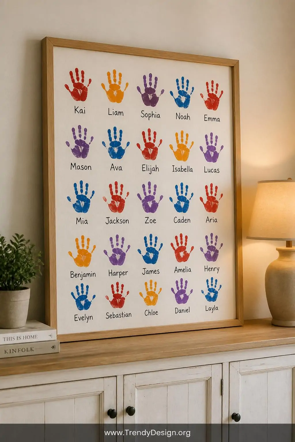 Wide natural wood picture frame holding a large canvas covered in colorful children's handprints in red, orange, purple, and blue with handwritten names beneath each print, sitting on a whitewashed wooden sideboard against a soft cream wall, warm lamp light glowing beside it, medium shot