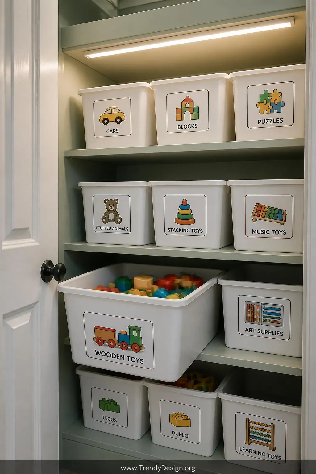 Inside a tidy painted closet with pale sage green walls, three rows of large white stackable bins sit on deep shelves, each b
