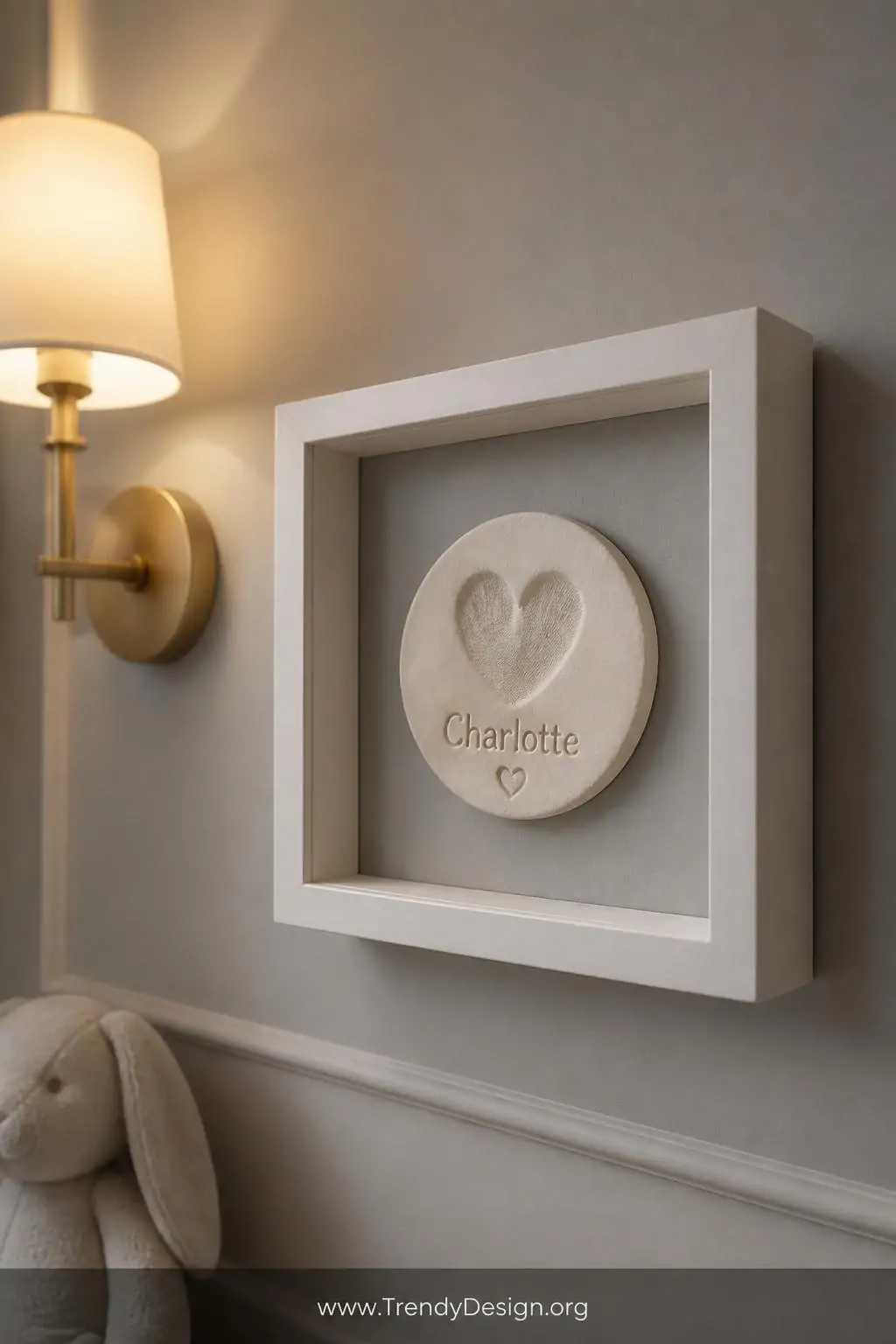 Small circular salt dough fingerprint heart keepsake with a child's name etched in dough displayed in an open shadow box frame on a soft grey nursery wall, warm sconce lighting, delicate and intimate, closeup.