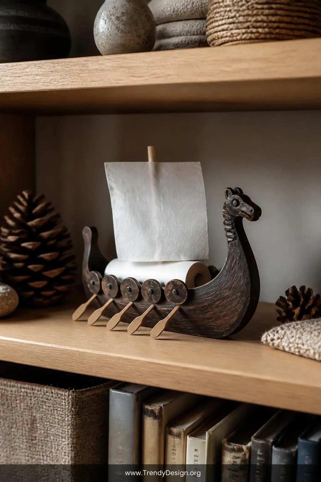 Miniature toilet roll Viking longship painted dark brown with a tissue paper sail on a popsicle stick mast, tiny cardboard oars along the sides and a clay dragon head at the bow, displayed on a wooden bookshelf among pinecones and linen textures, soft natural side lighting, medium shot.