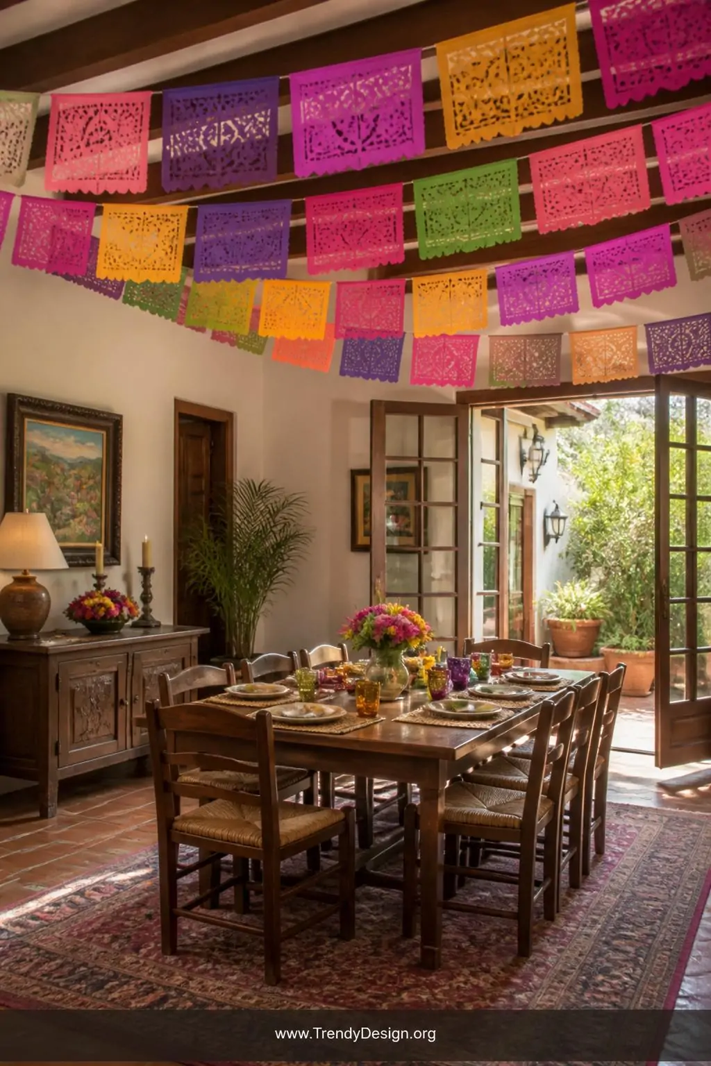 Multicolored papel picado tissue paper garlands in pink, purple, yellow, and green strung across the full length of a dining room ceiling, delicate lacy cutouts catching a warm breeze near open French doors, golden late-afternoon light filtering through, wide shot of a festive indoor dining space.