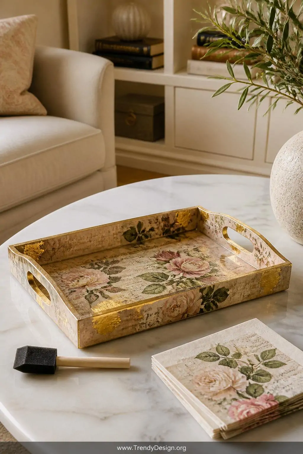 Decoupage wooden serving tray finished in vintage floral scrapbook paper and gold leaf accents sealed in glossy Mod Podge, styled on a marble coffee table, warm ambient light, a foam brush and decorative napkins resting alongside it, medium shot
